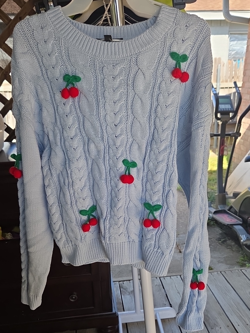 Light Blue Cable-Knit Cherry Appliqué Sweater